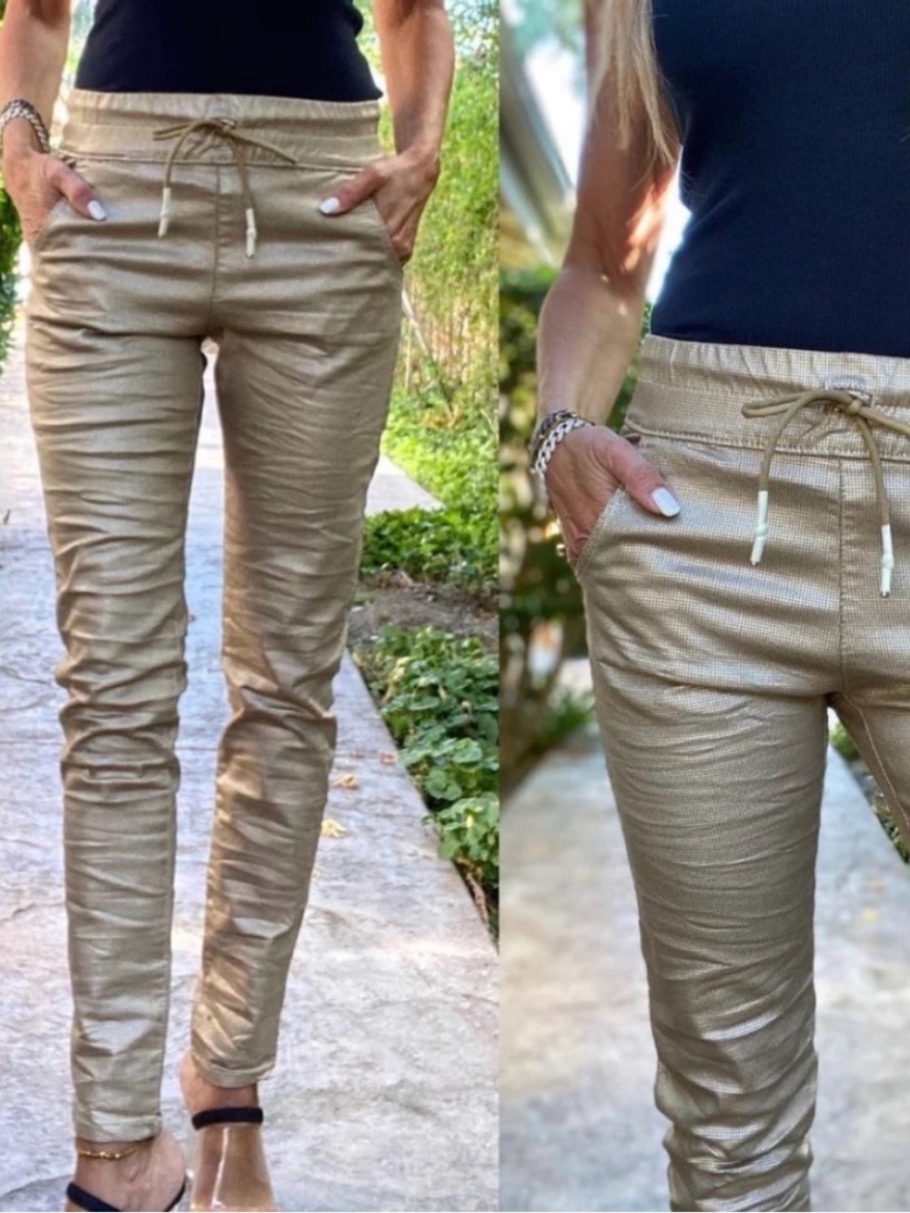 Bevy Flog Shely Drawstring Pant Size 30 Gold Pockets Cotton Luxury